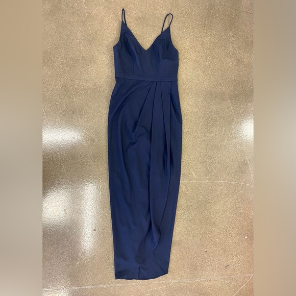 Anthropologie BHLDN Lyra V-neck Faux Wrap Stretch Crepe Navy Midi Dress sz 2 - Picture 7 of 8